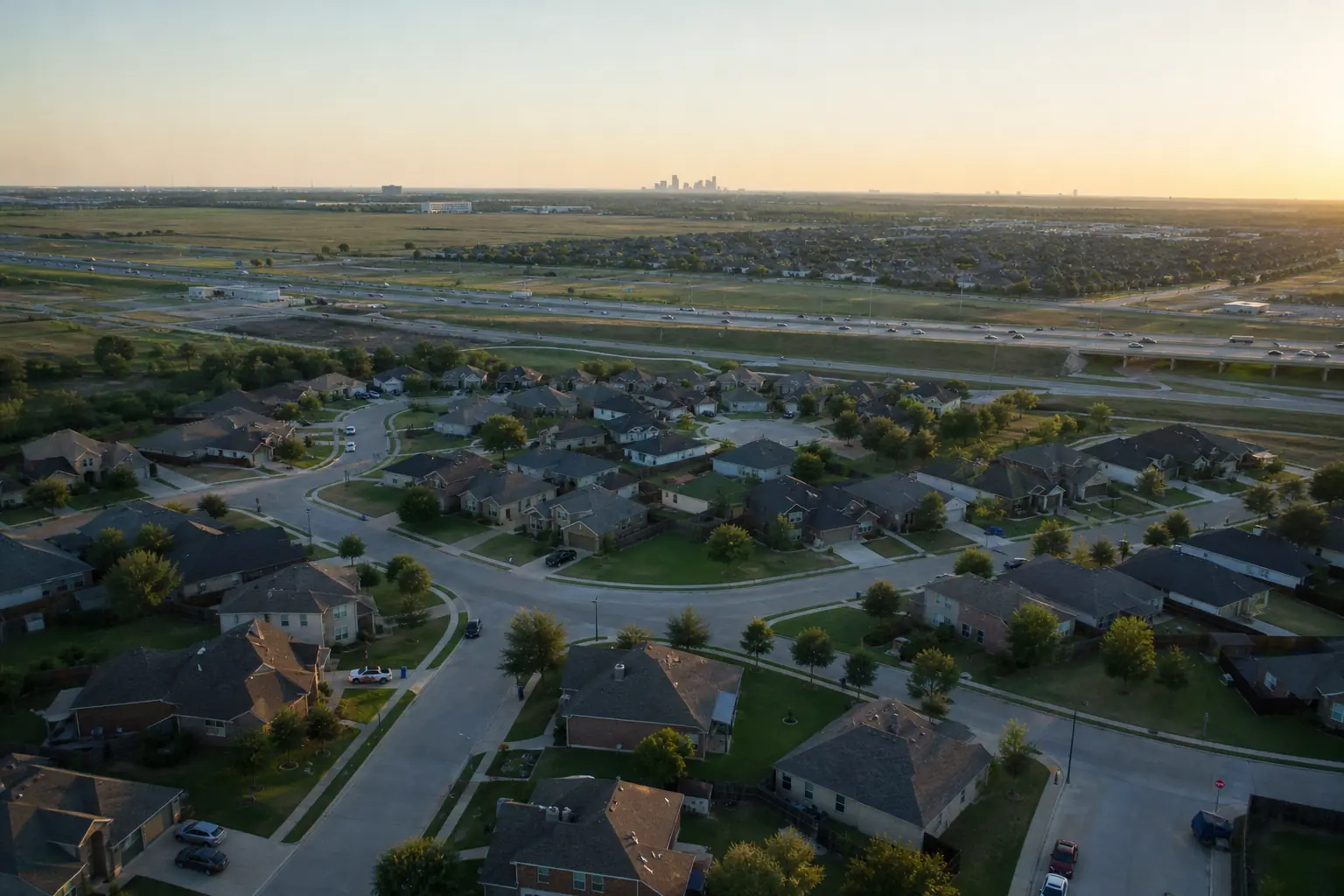 Aerial view of a suburban neighborhood with rows of houses and new streets in Tarrant County