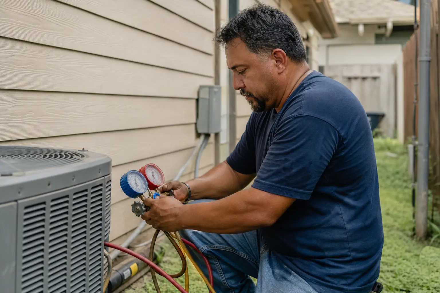 HVAC technician working on an outdoor air conditioning condenser beside a house