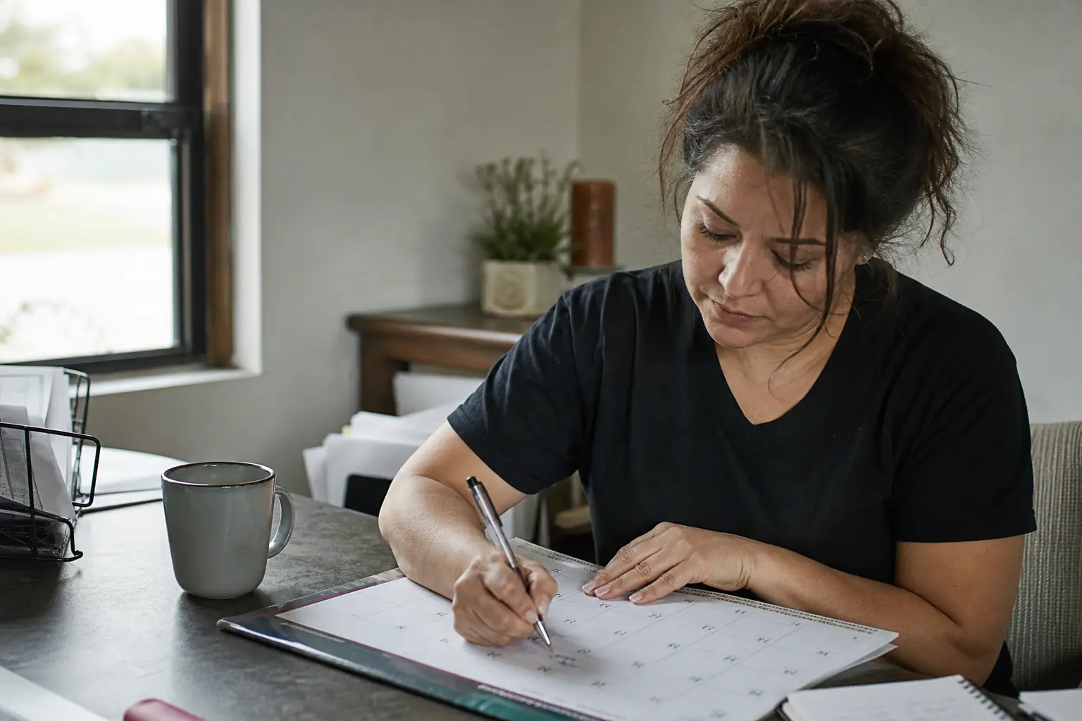 Business owner at a desk reviewing a full job calendar