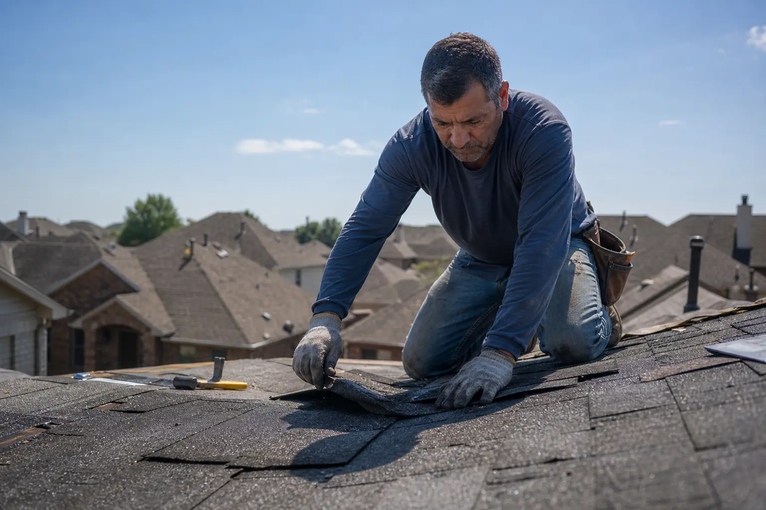 Roofer replacing hail-damaged shingles on a house in a Dallas suburb