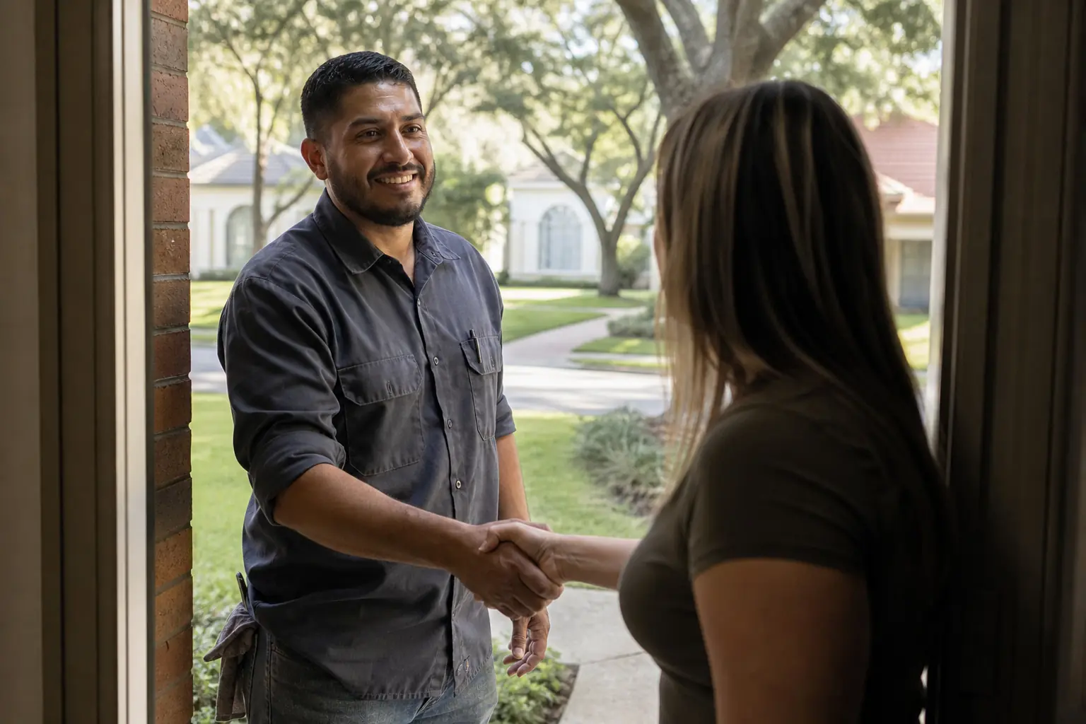 Service technician talking with a homeowner at the front door of a house
