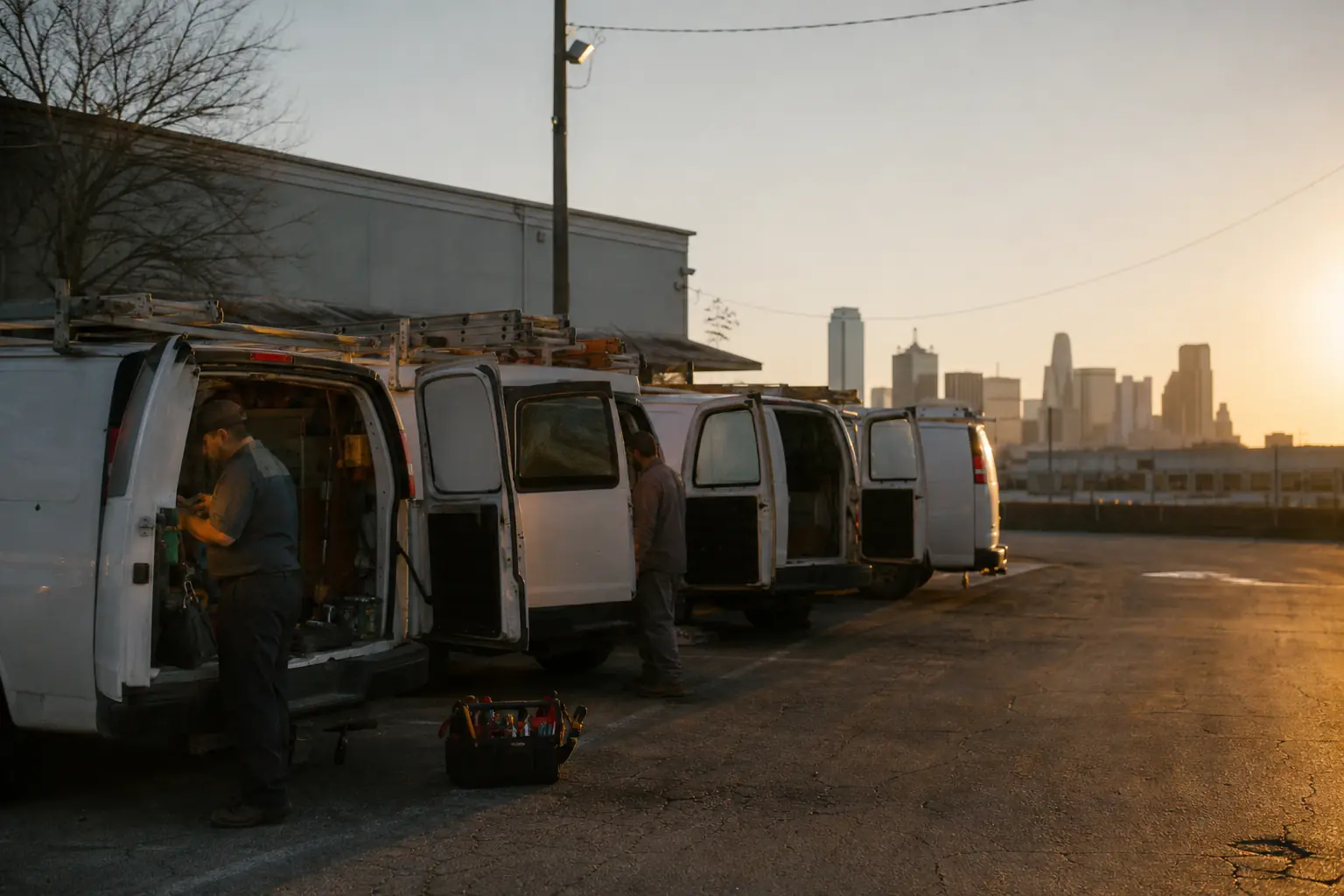 Three white work vans parked in a row at sunrise while a technician loads tools